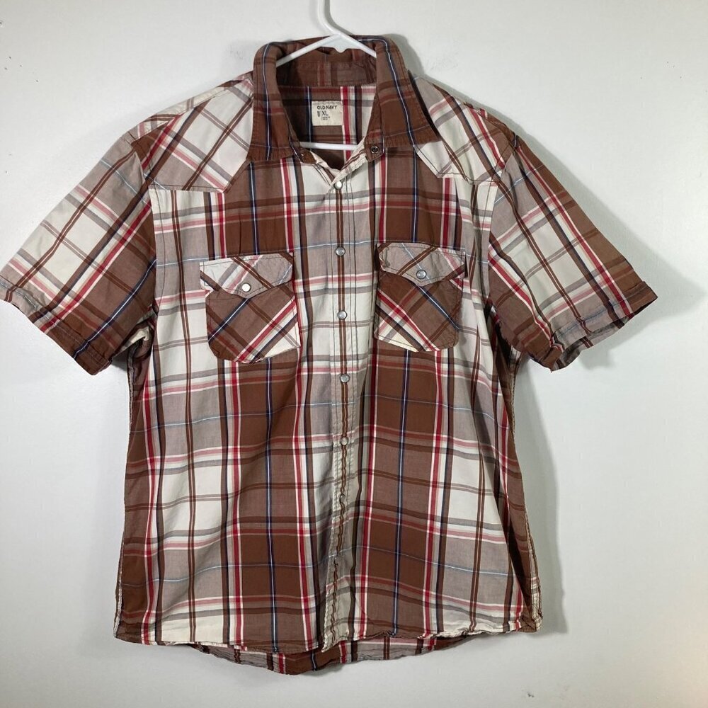 Mens Old Navy Western Pearl Snap SS Plaid Cotton Shirt Brown Red XL